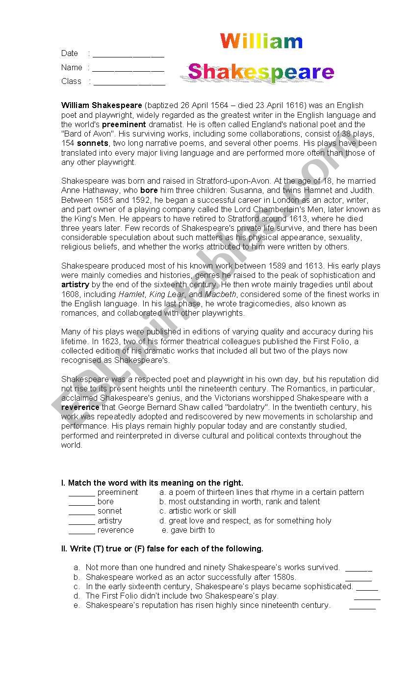 William Shakespeare worksheet