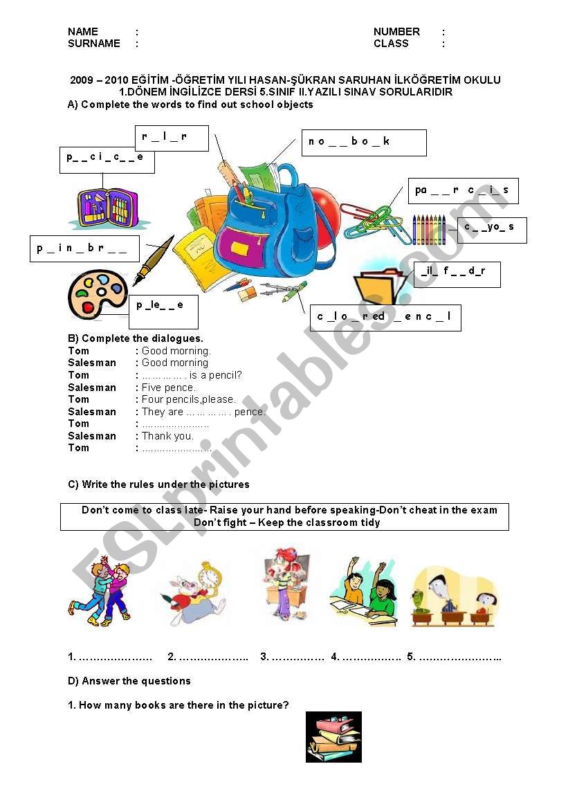 exam worksheet