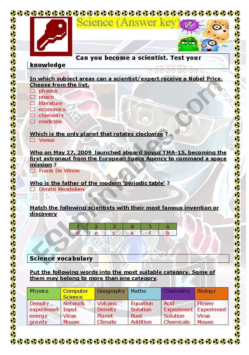 Answer key printabls Science (3 pages)