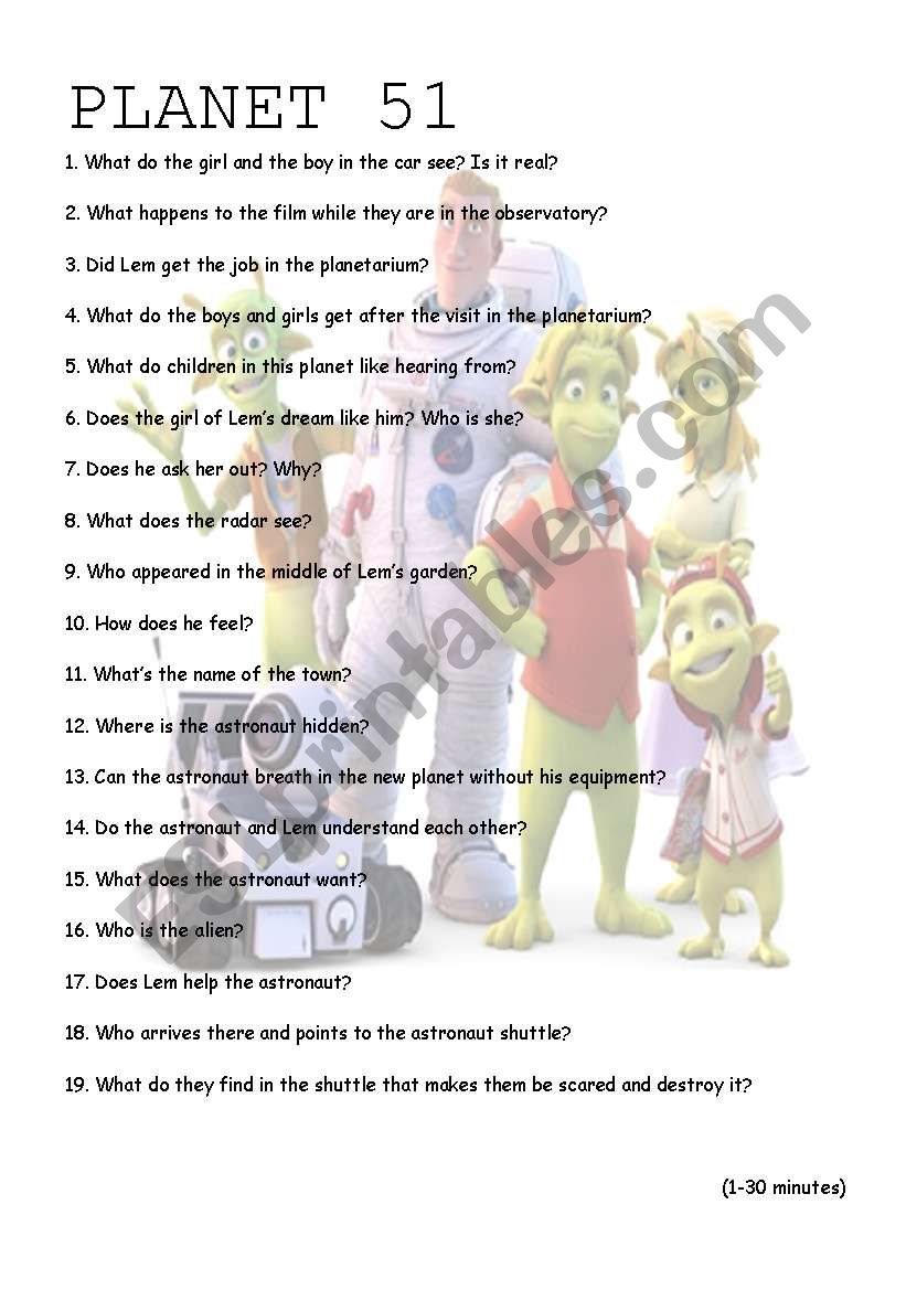 PLANET 51 worksheet