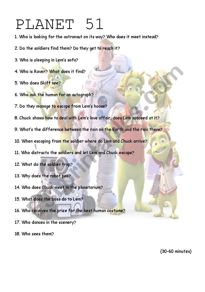 PLANET 51 30 TO 60 MINUTES worksheet