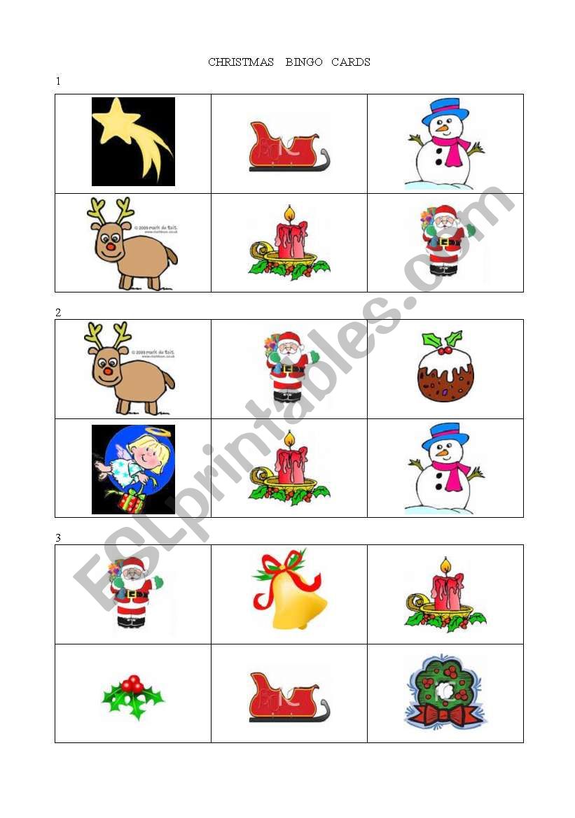 bingo cards on christmas worksheet