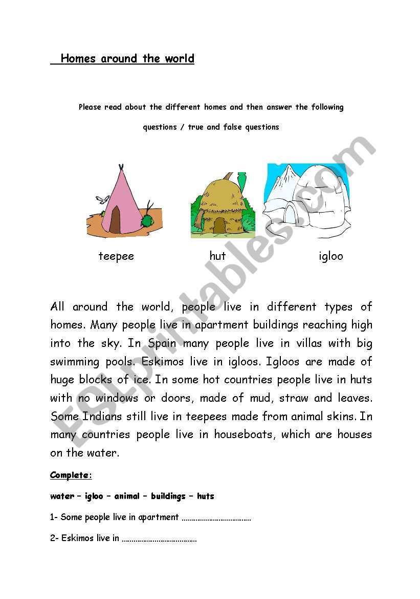Different types of homes worksheet