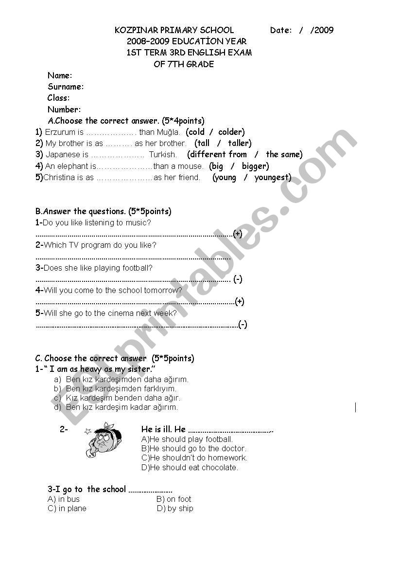 exam for 7 grades worksheet