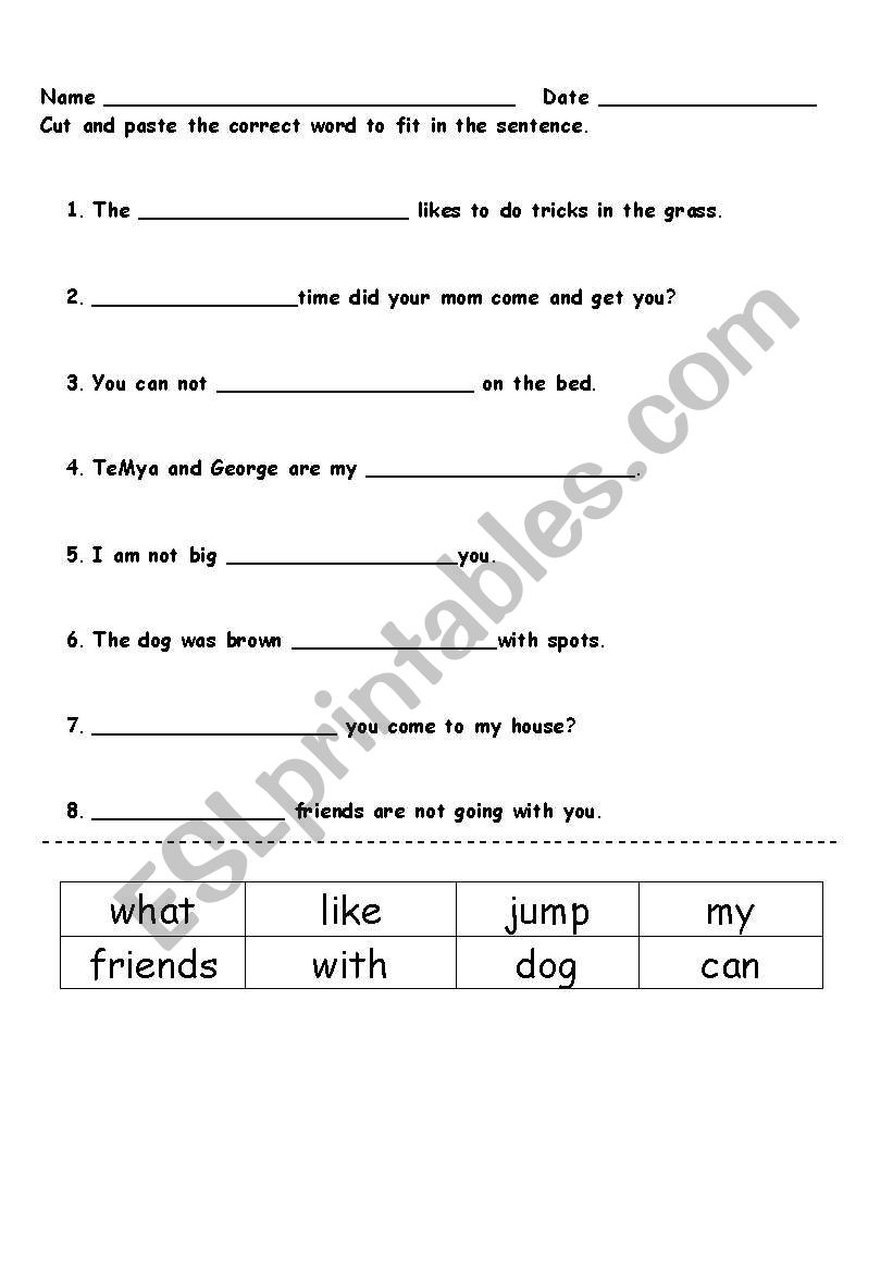 English Worksheets Cut And Paste Sentences