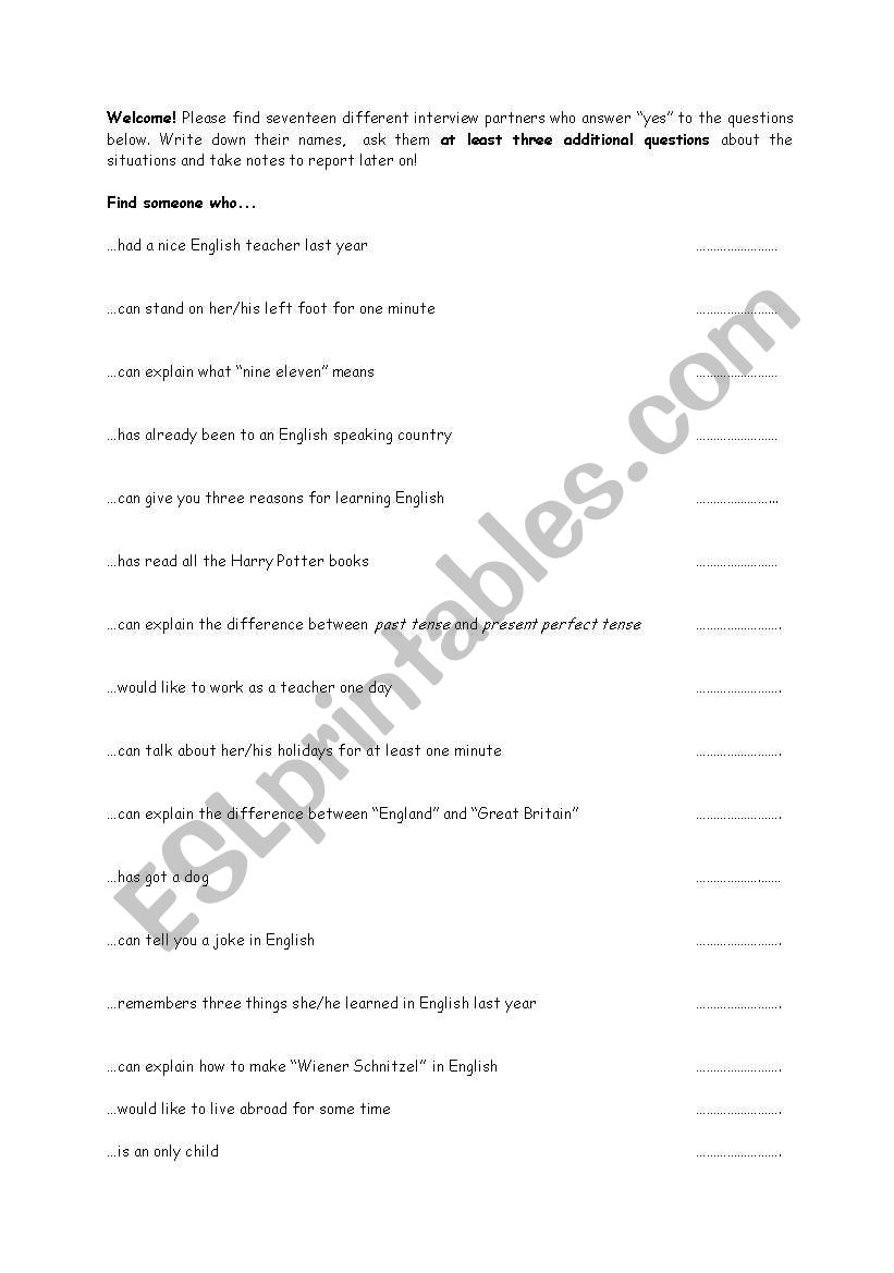 welcome worksheet