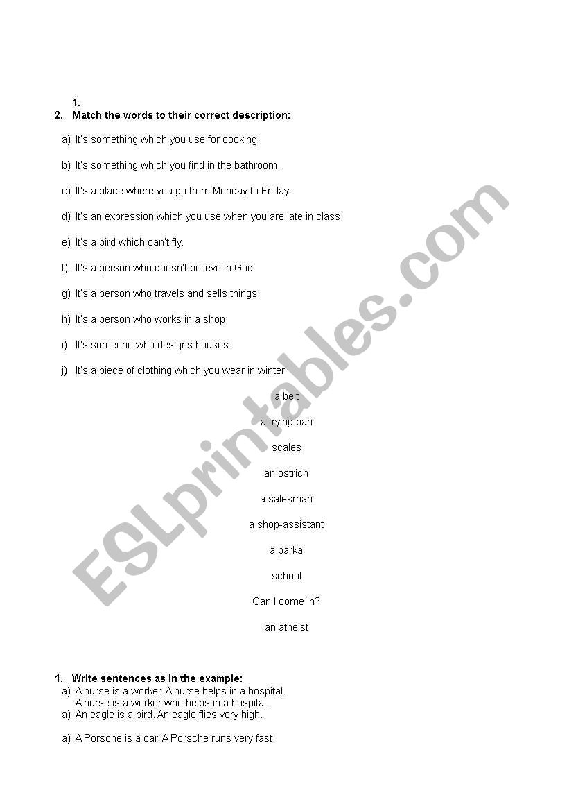 Definitions worksheet