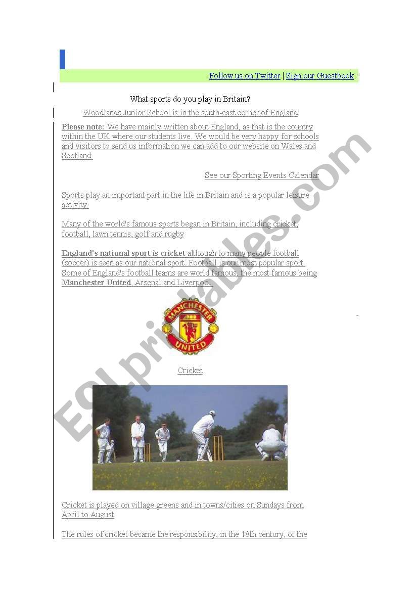 sports in Britain worksheet