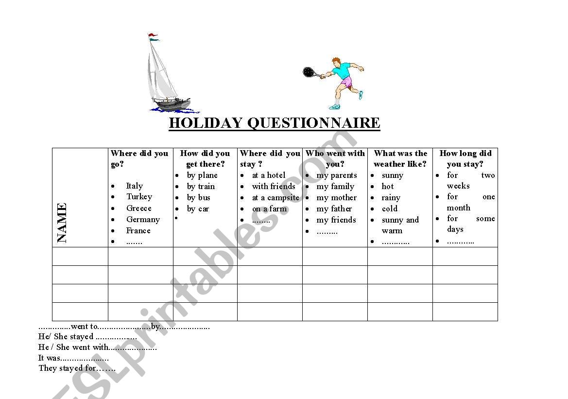 Holiday Questionnaire worksheet