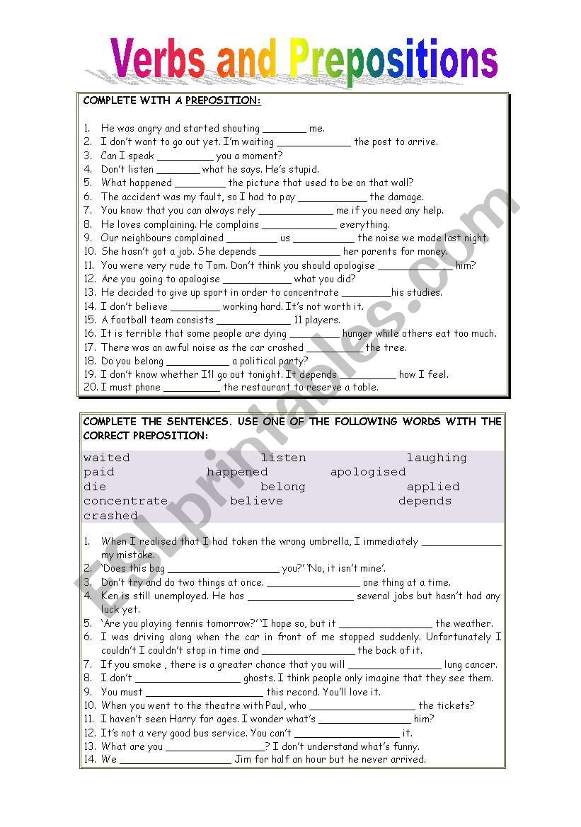 Verbs and Prepositions worksheet