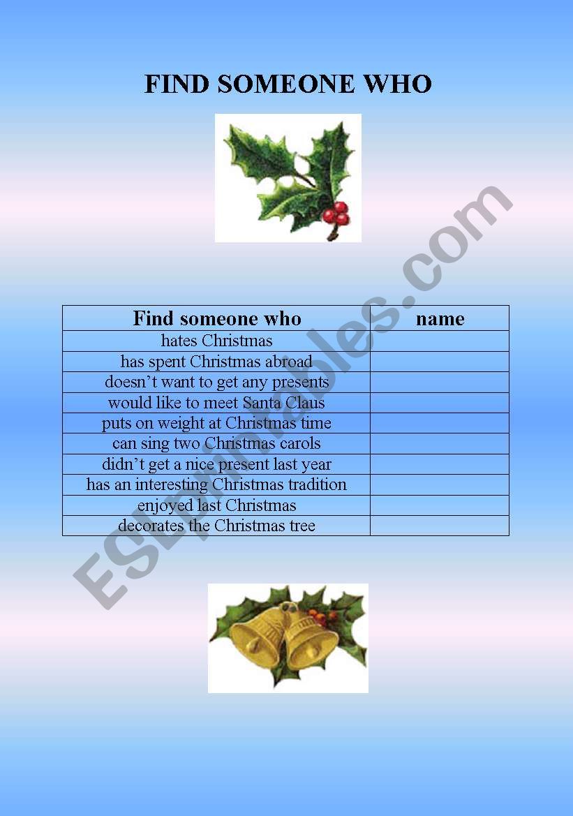 Christmas - Find someone who worksheet