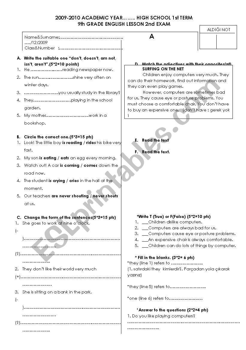 exam worksheet