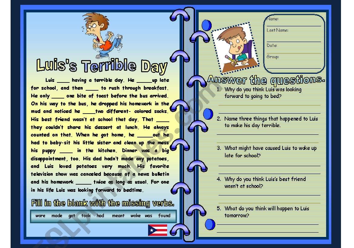 luisÂ´ terrible day reading and verb review