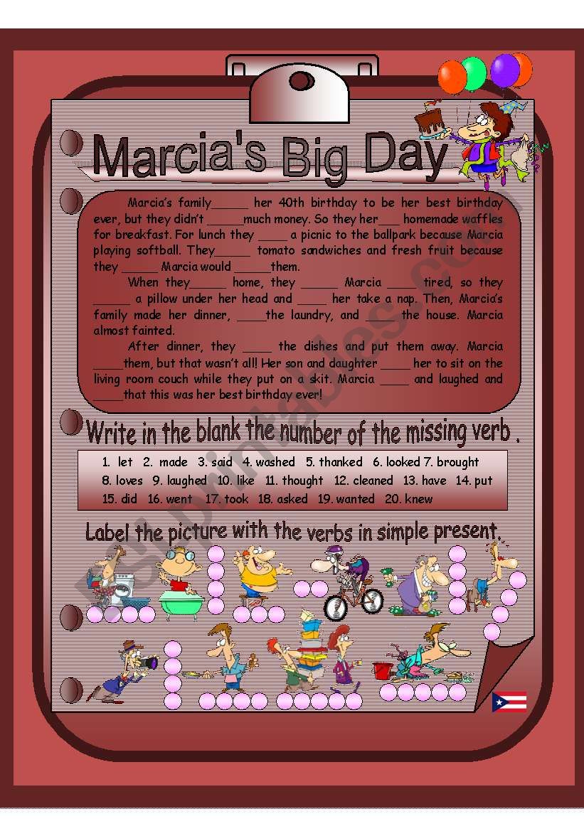 Marcias big day reading worksheet