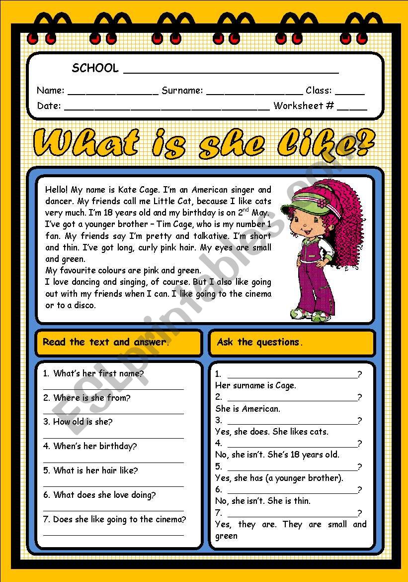 WHAT IS SHE LIKE? (2 PAGES) worksheet