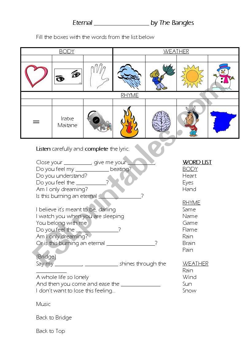 Eternal flame by The Bangles worksheet