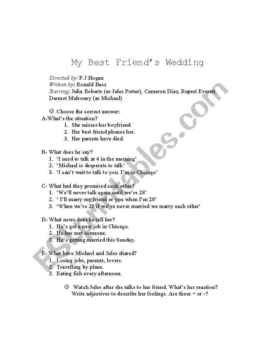 My Best Friends Wedding worksheet