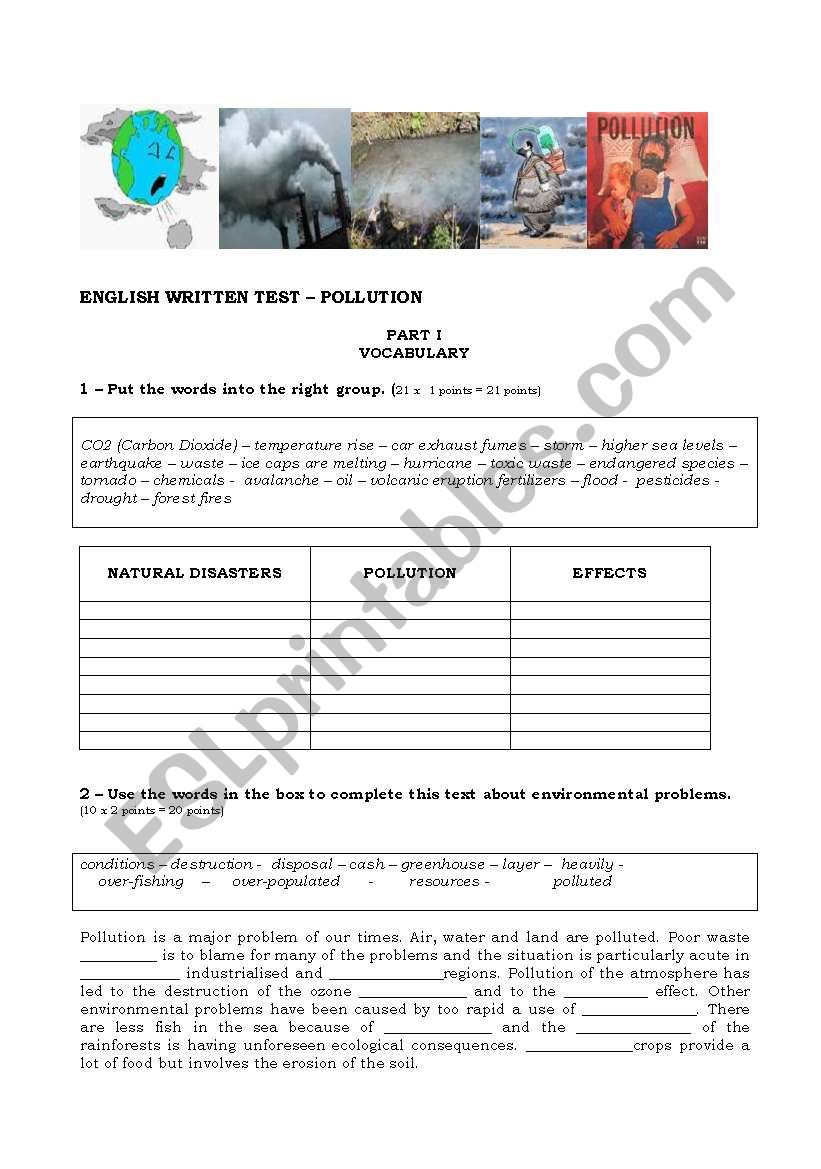 Environment - Pollution worksheet