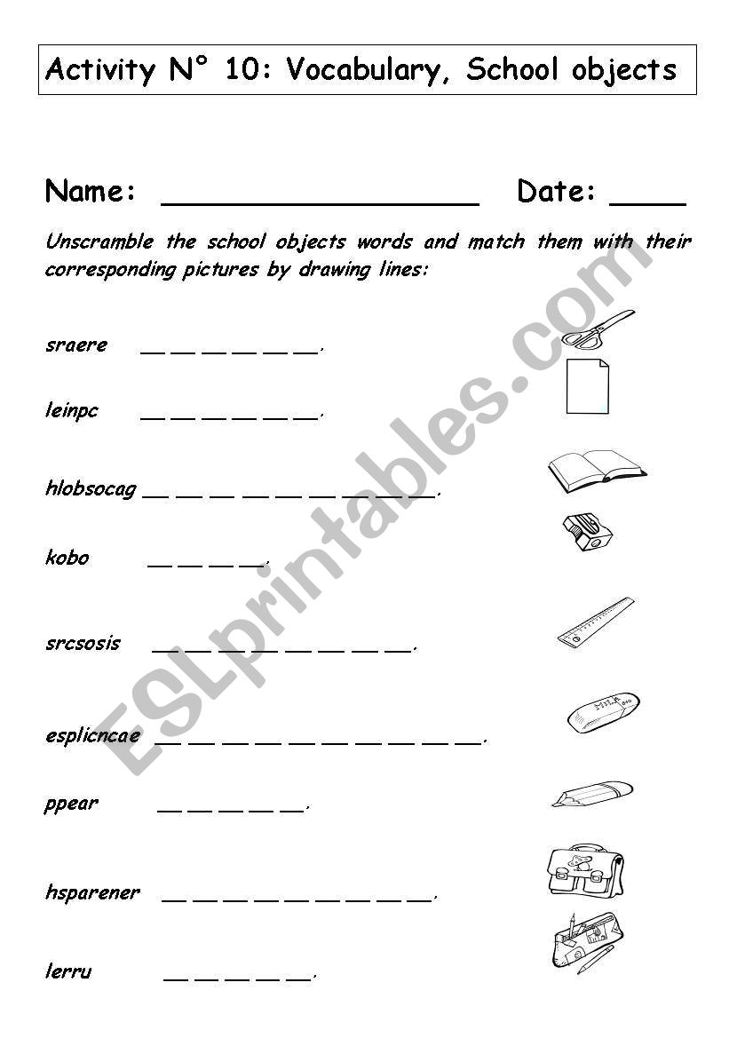 Vocabulary:  School Objects worksheet