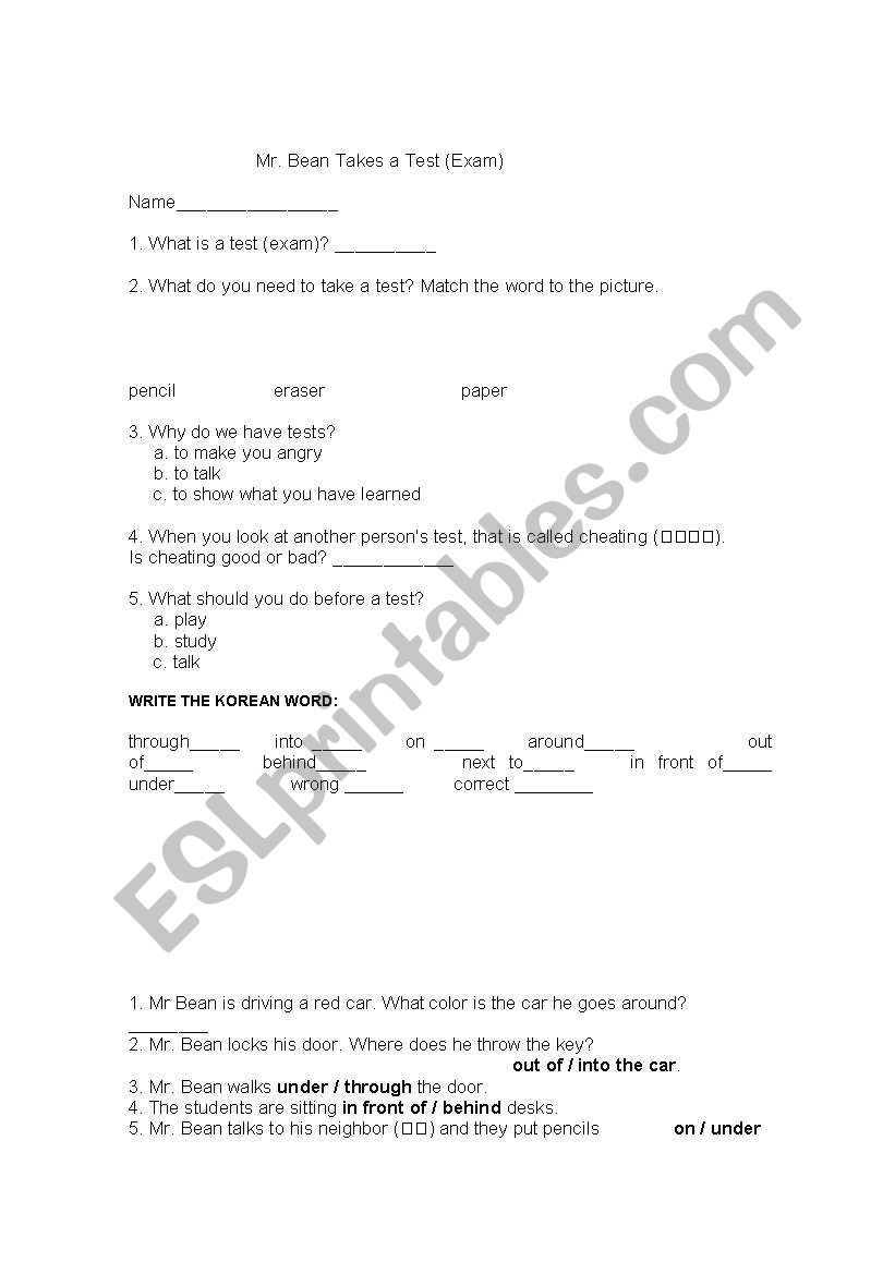 Mr. Bean takes an Exam worksheet