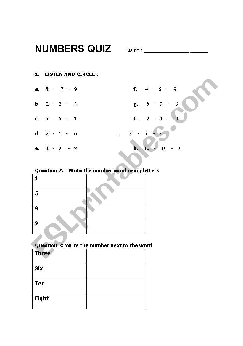 Numbers Quiz worksheet