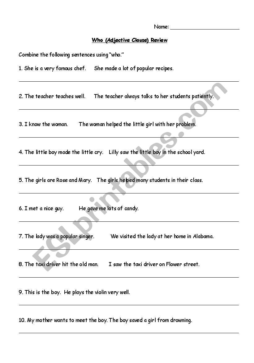 Adjective Clause (Who) Worksheet