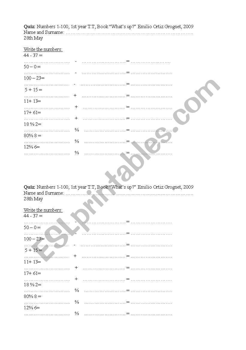 Quiz on Numbers  worksheet