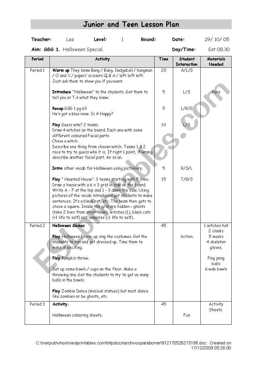 Halloween lesson plan worksheet