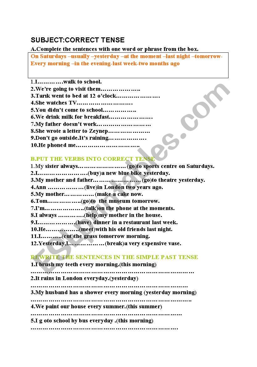 CORRECT TENSE worksheet