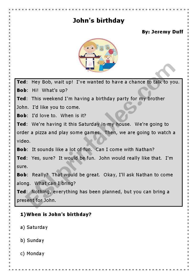 Johns Birthday worksheet