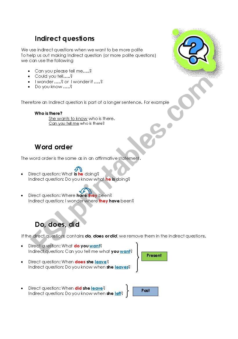Indirect Questions worksheet