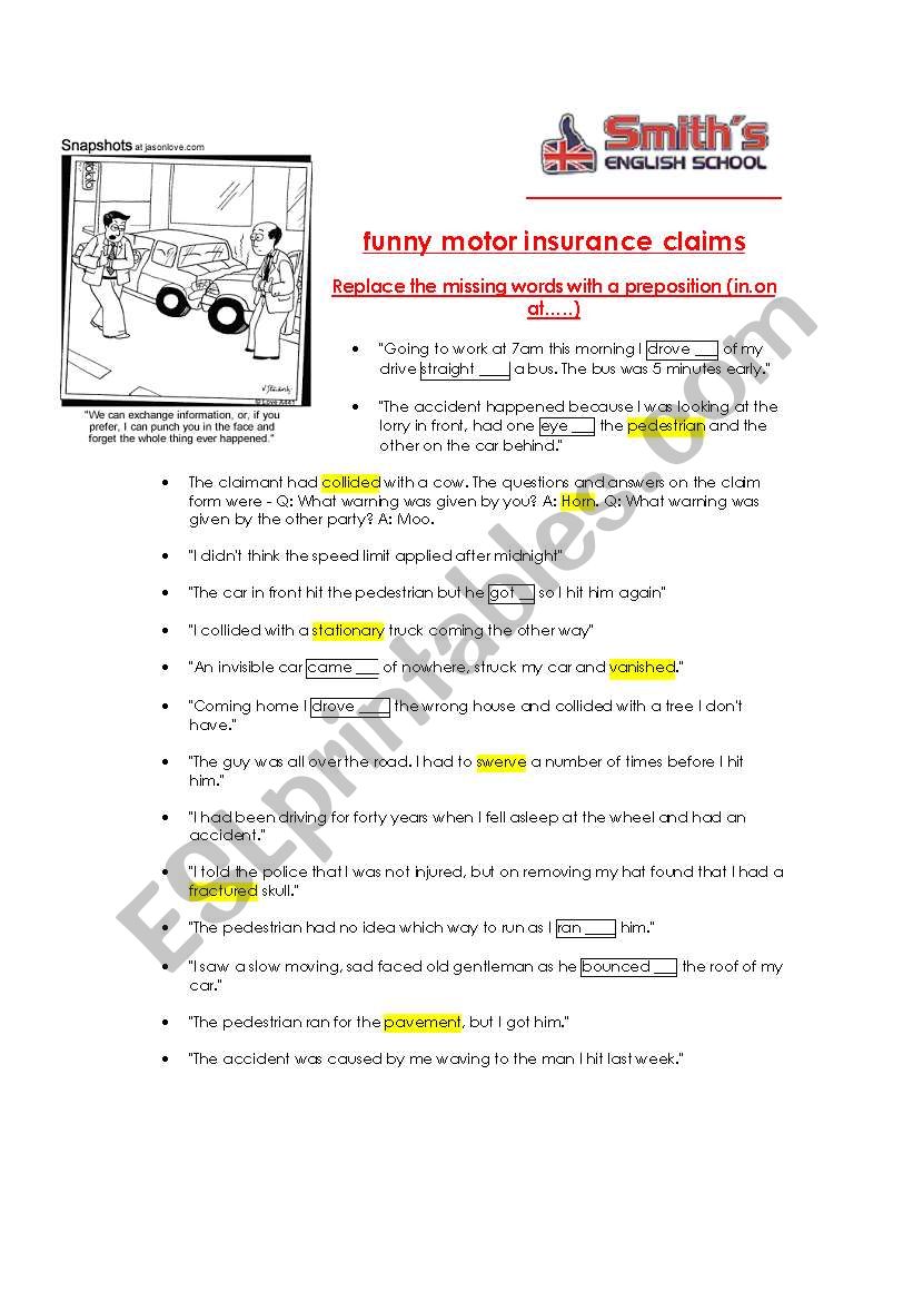 car crash worksheet