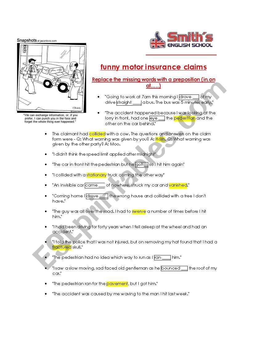 car crash worksheet