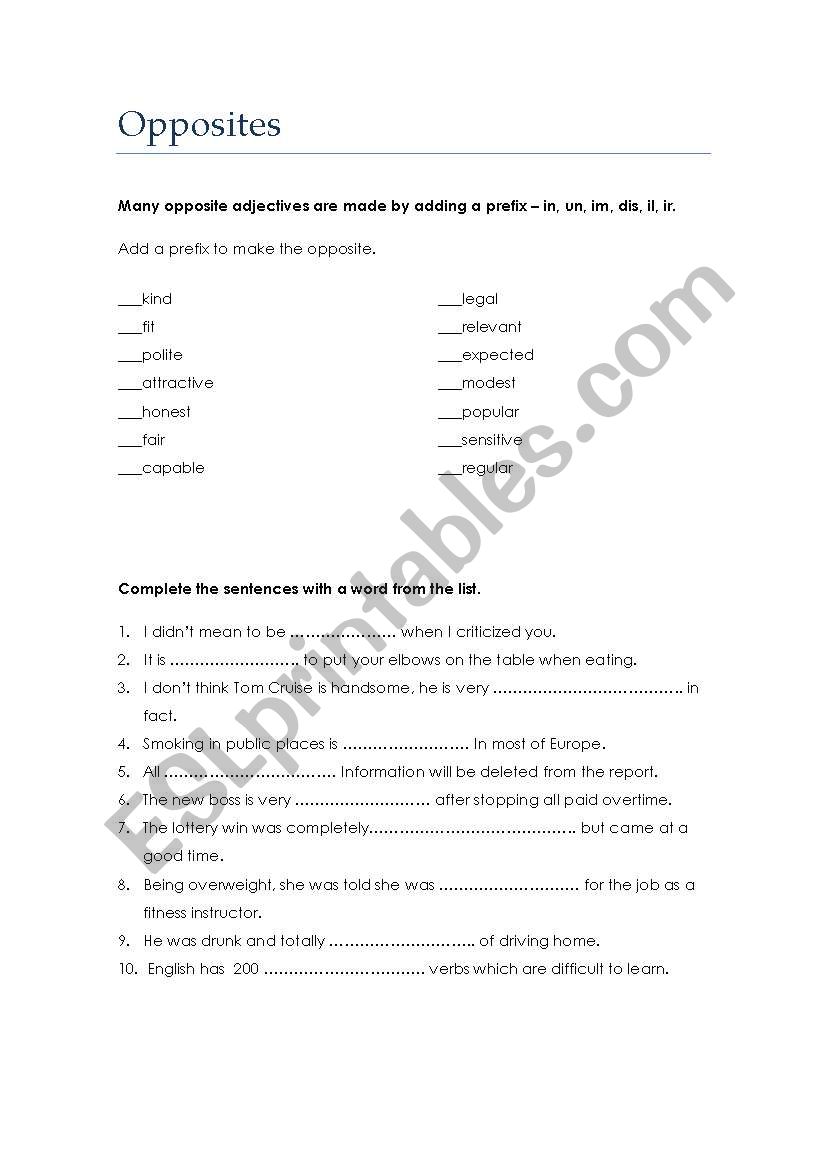 opposite prefixes worksheet