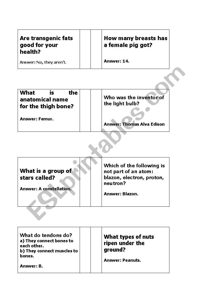 English Worksheets Science Trivia Questions