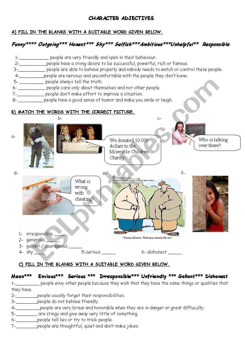 character adjectives worksheet