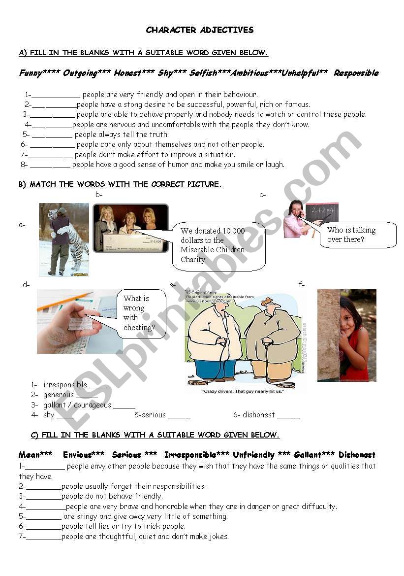 character adjectives worksheet