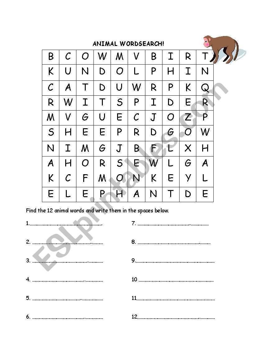 Animal Wordsearch worksheet