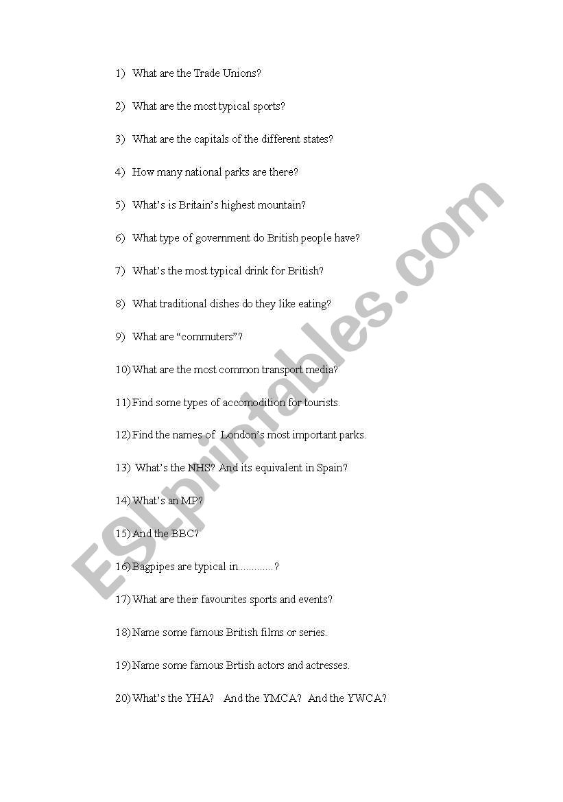 quiz about Britain worksheet