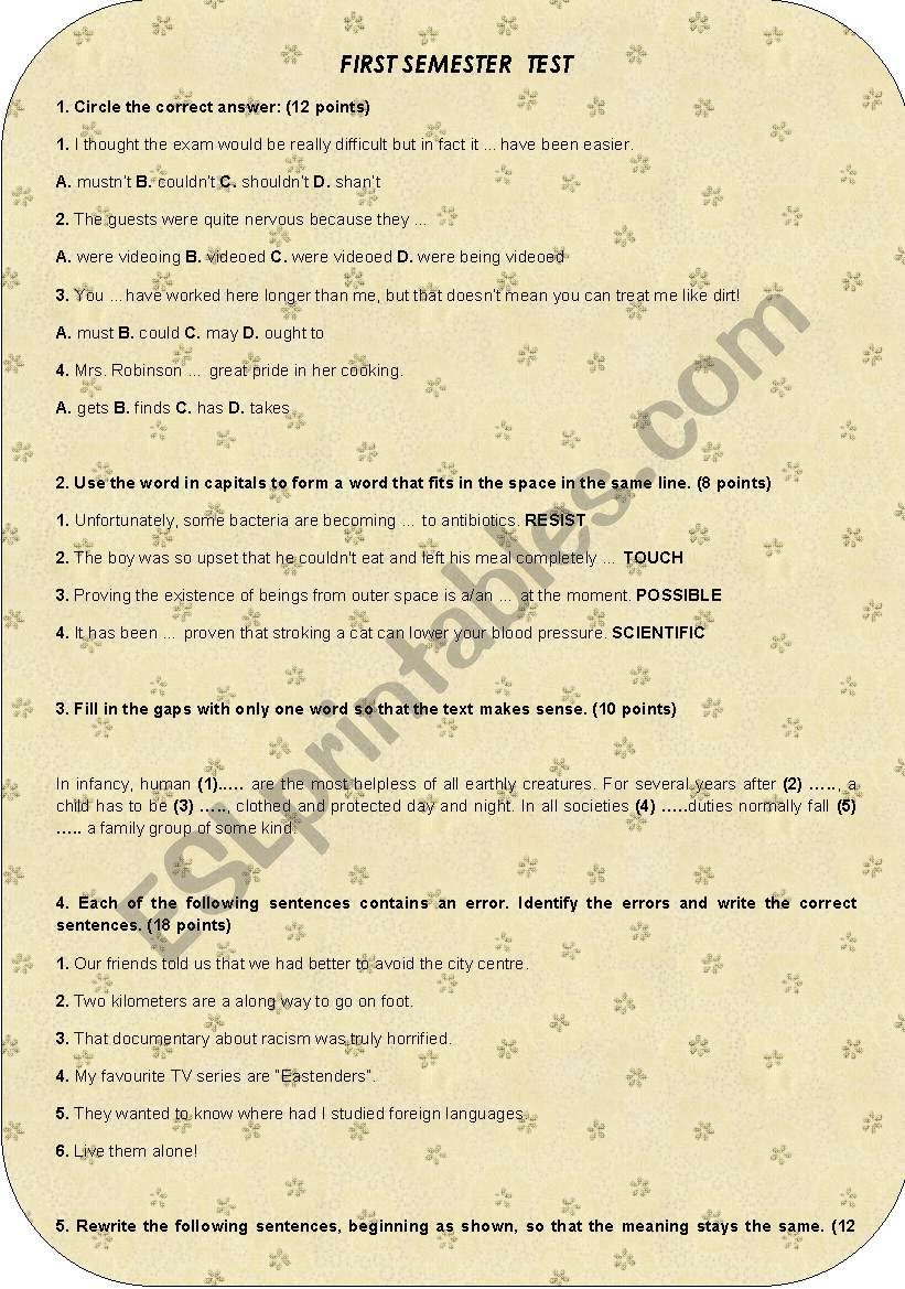 First semester Test worksheet