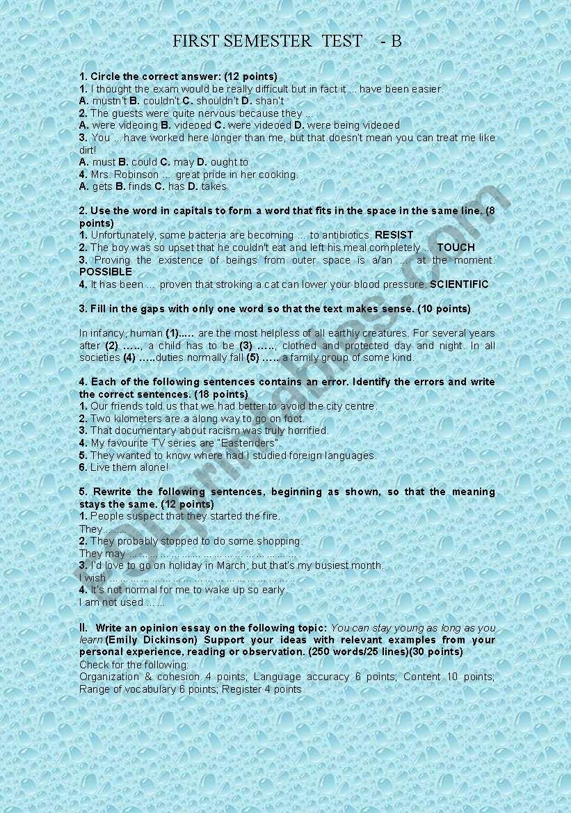 First semester test B worksheet