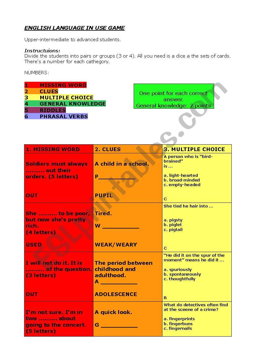 ENGLISH LANGUAGE IN USE GAME worksheet