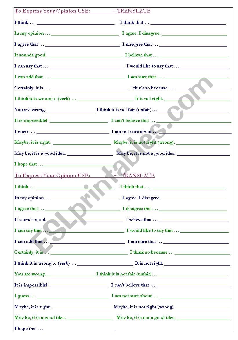 Expressing Opinion worksheet