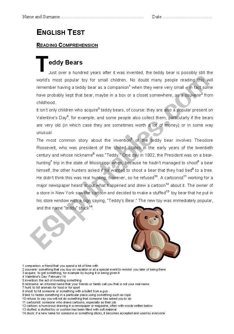 Teddy Bears Reading Comprehension TEST