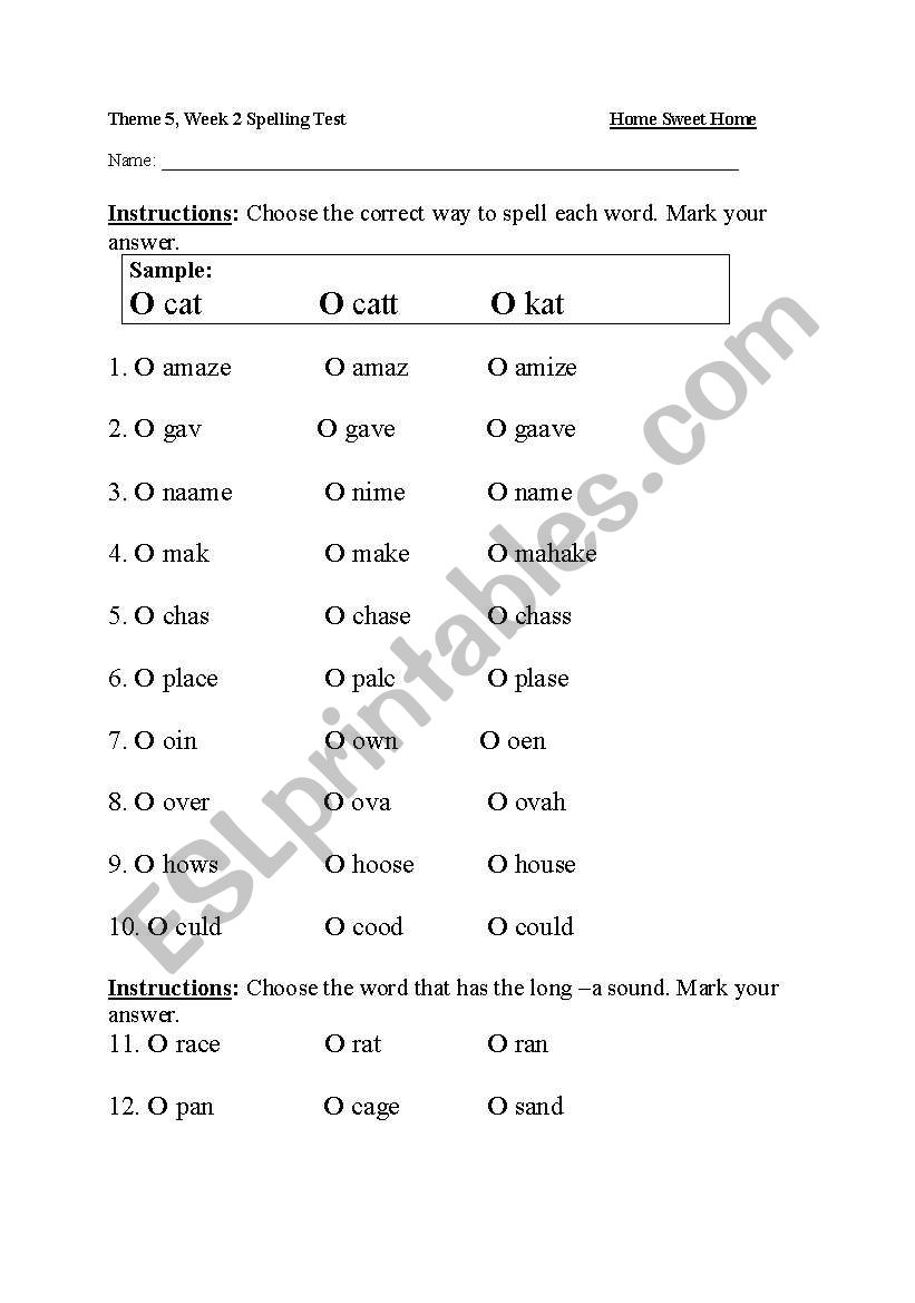 Theme 5, week 2  First Grade Spelling Test Houghton Miflin Series
