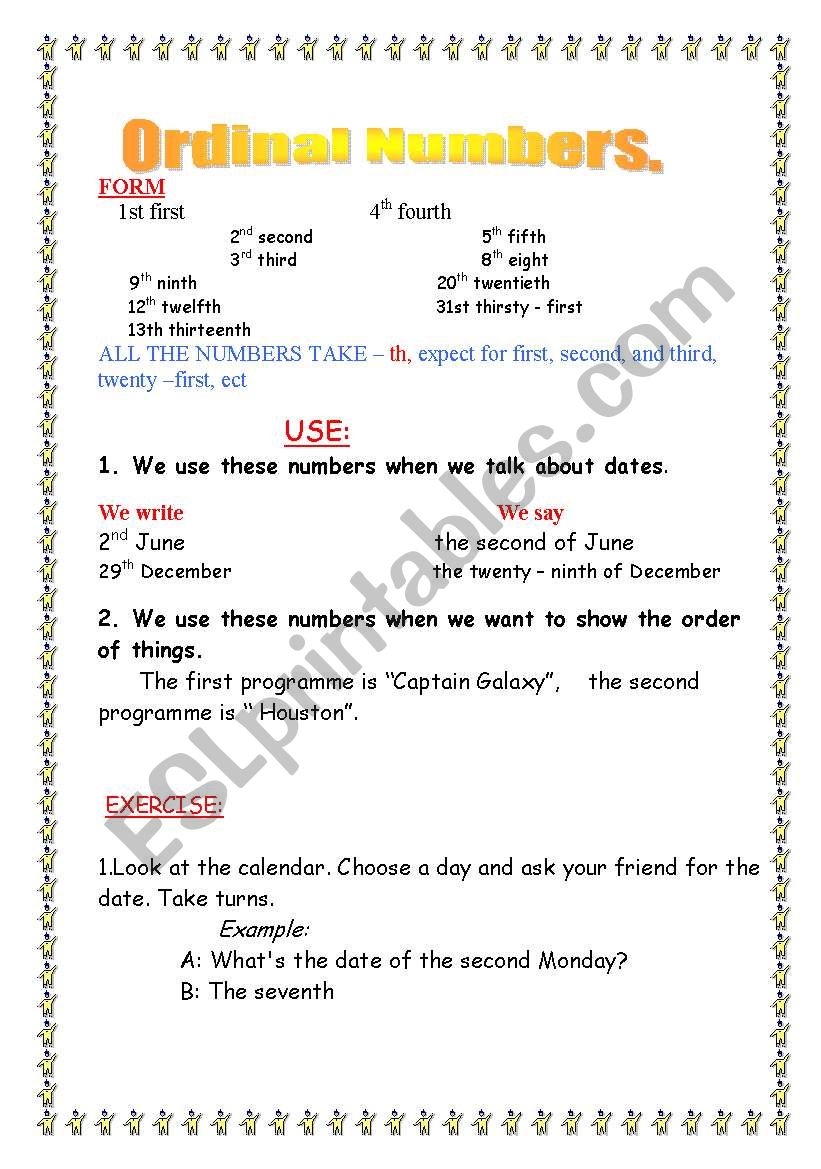 Ordinal NUMBERS worksheet