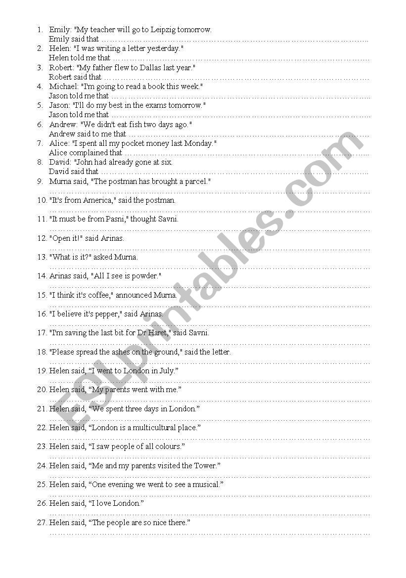 Reported Speech worksheet