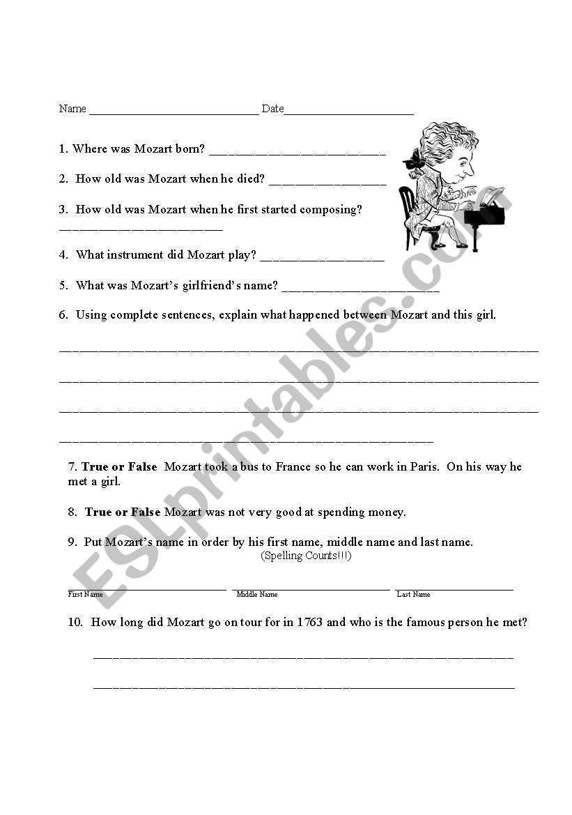 Mozart Test  worksheet