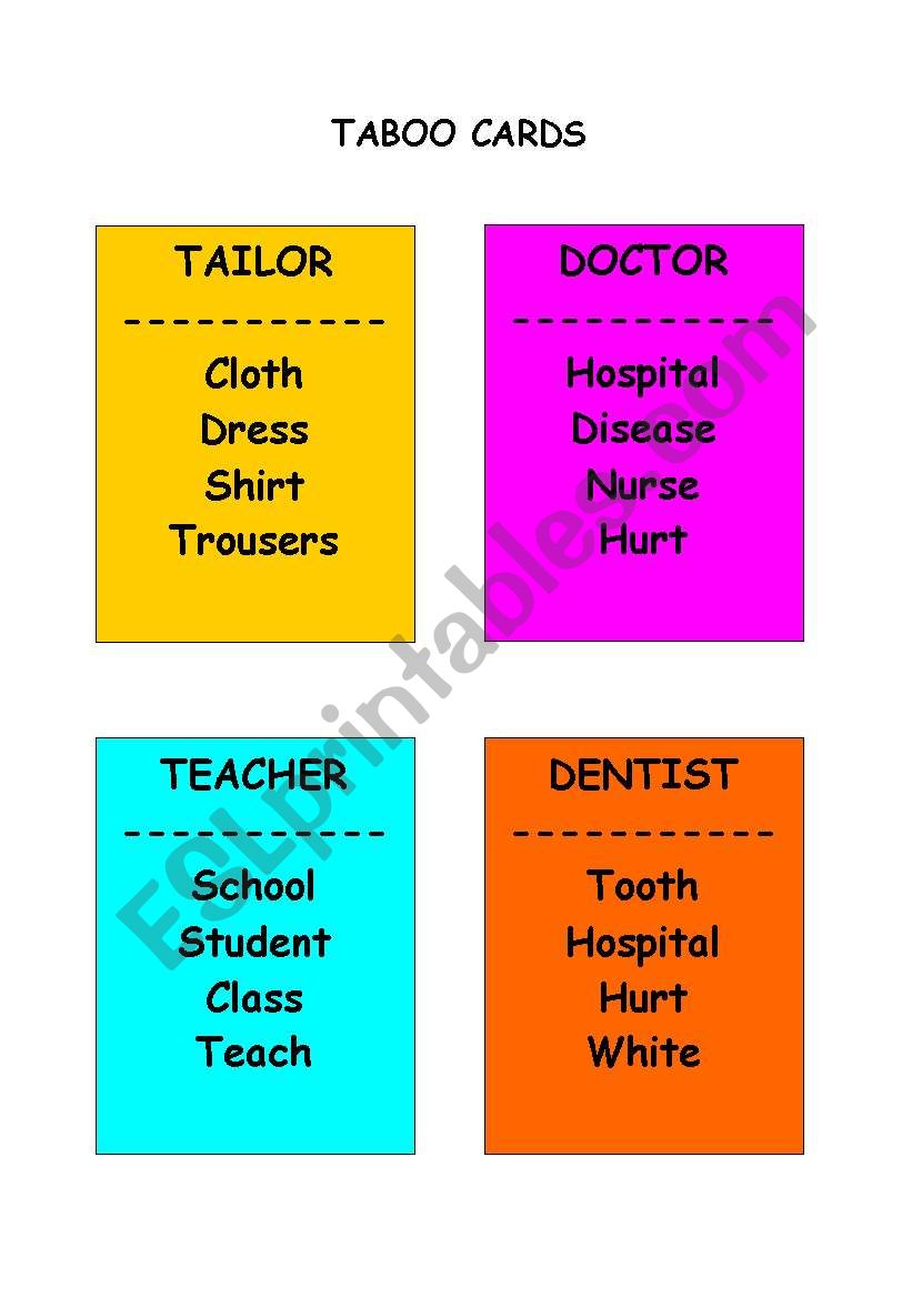 colorful taboo cards of jobs worksheet