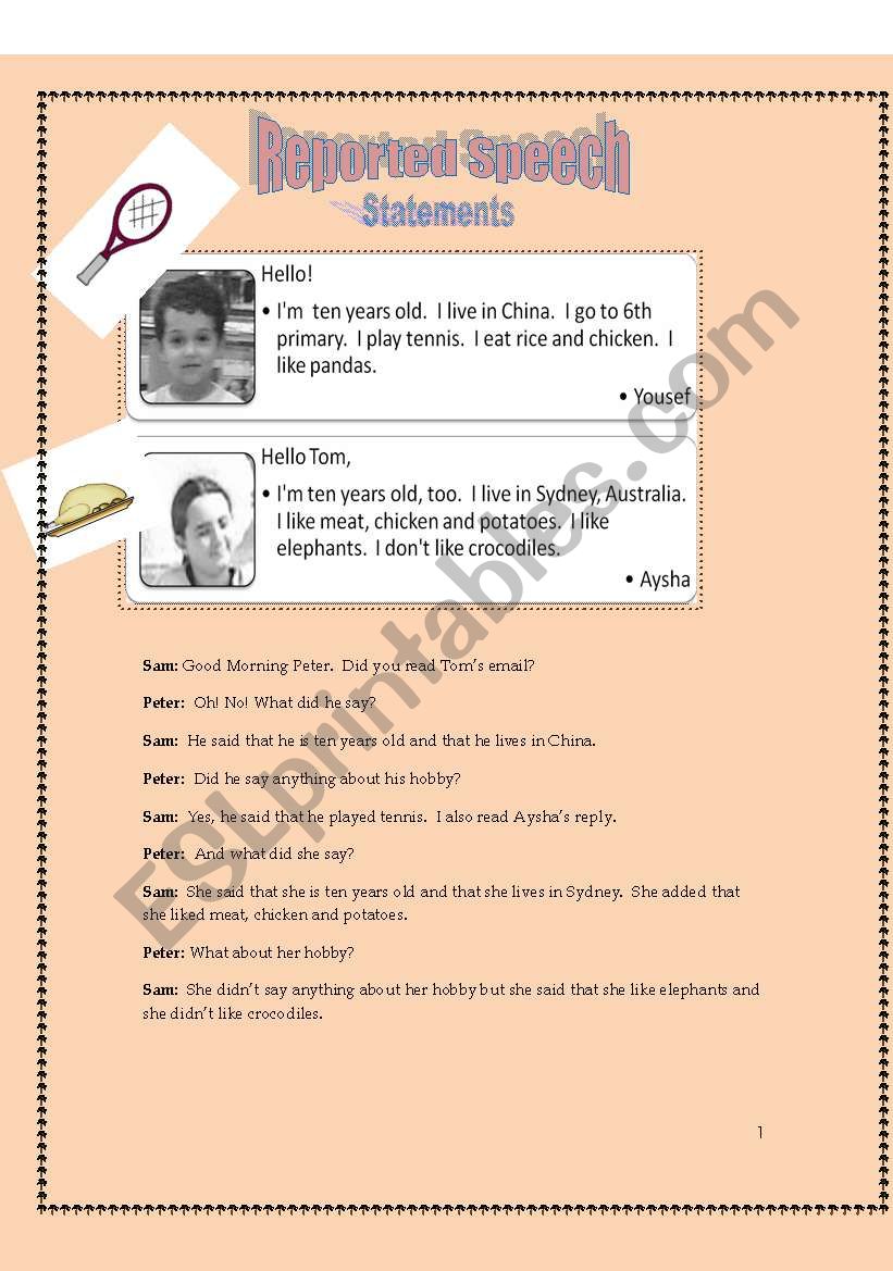 Reorted speech worksheet